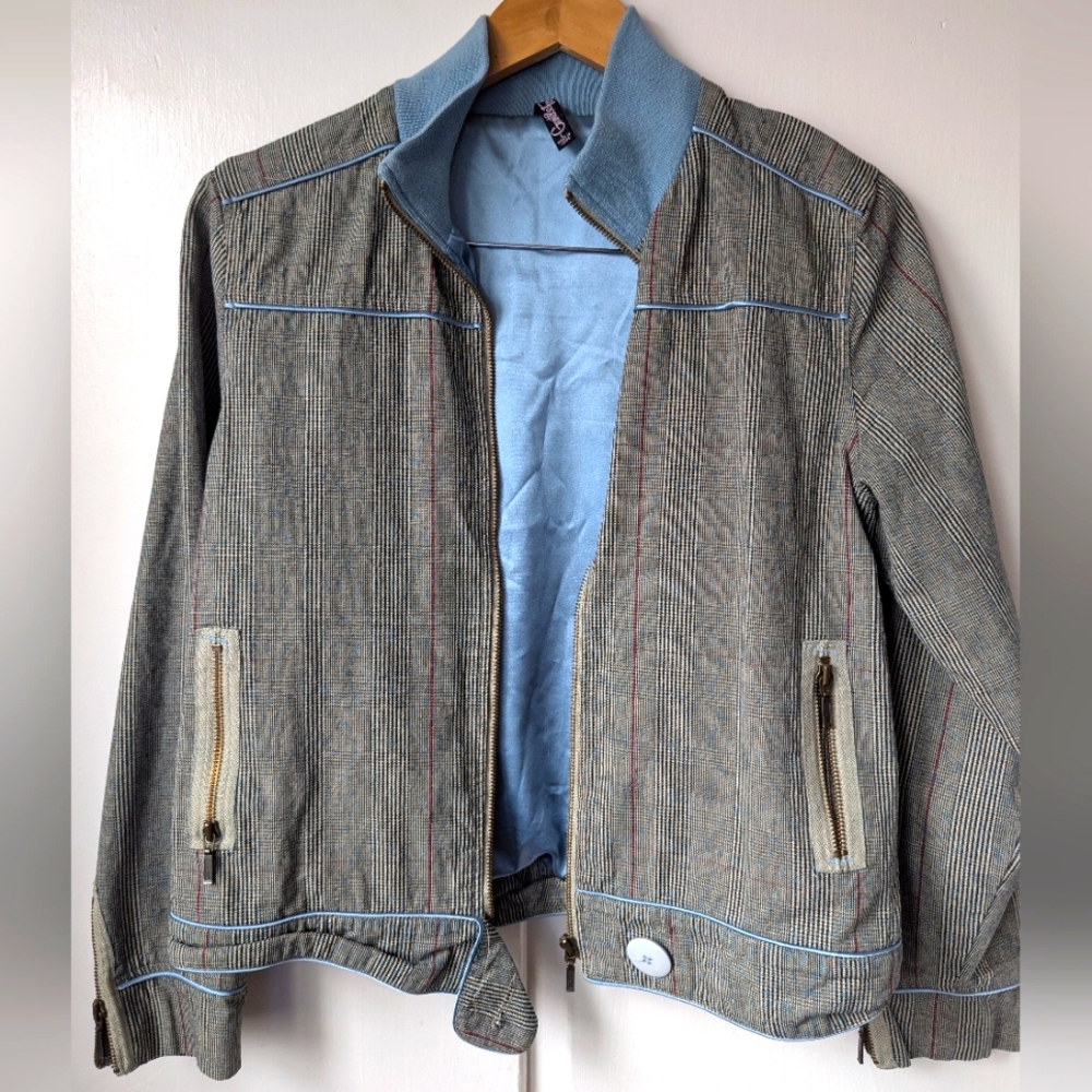 Vintage Gentle Fawn Brand Zip Up Black White Plaid Blue Satin Jacket Size Large